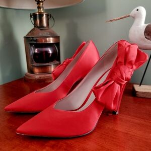 Nine West Satin Bow Pointed Toe Heels Orange Red Stiletto Pumps